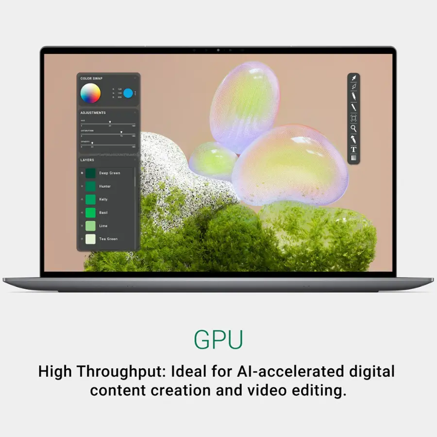 The text on the image reads:

"COLOR SWAP - d - - - : SABAIStMENTS / - d | - i - - . - - . - - - 9 i T LAYERS Deep Grees . Hunter - Relly and Lima Tea Grees GPU High Throughput: Ideal for Al-accelerated digital content creation and video editing."