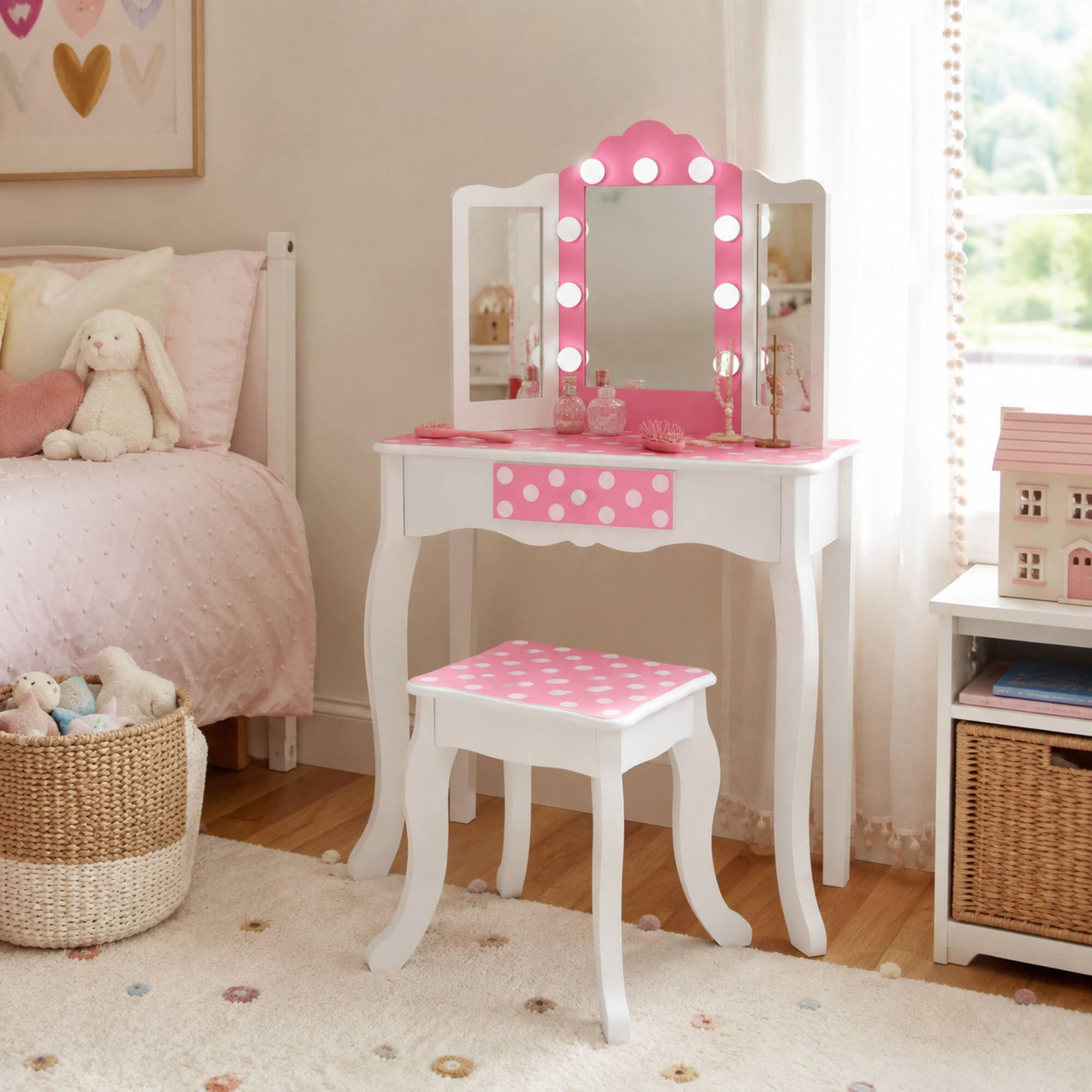 Angle. Teamson Kids - Kids LED Vanity Set with Mirror & Stool.