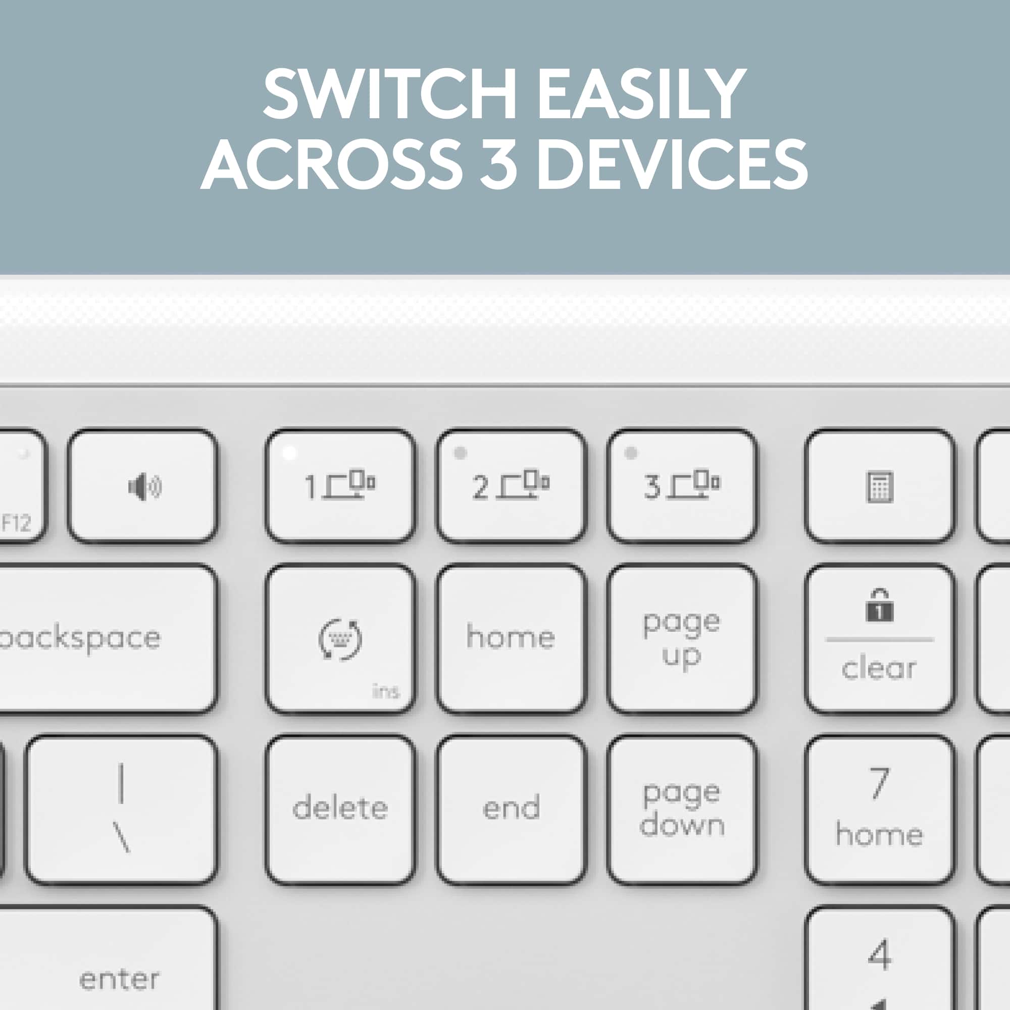SWITCH EASILY ACROSS 3 DEVICES
F12 1 2 3 backspace ins home page up clear delete end page down 7 home enter 4