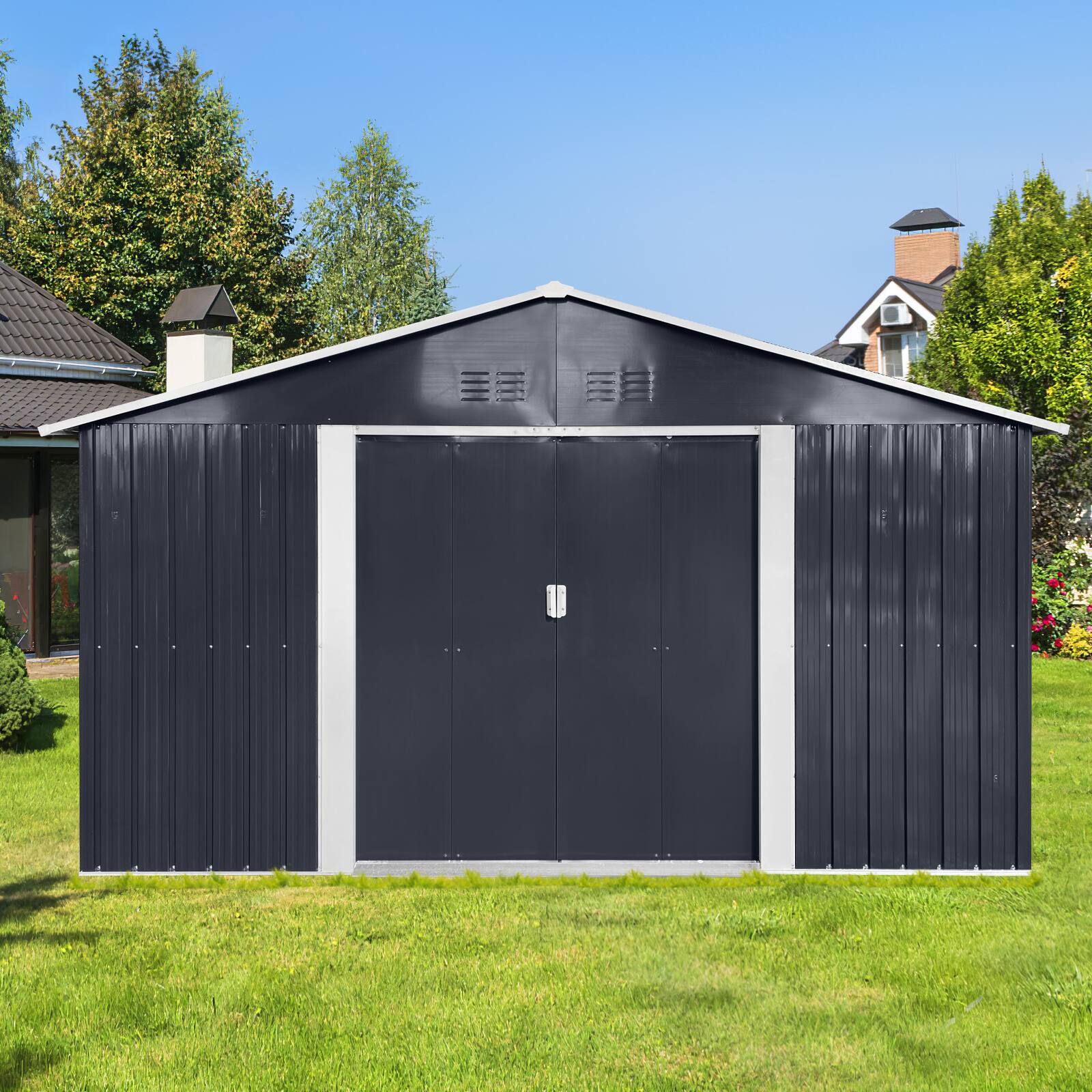 Angle. Mondawe - 11x11 Ft Metal Garden Sheds with Window - Grey.