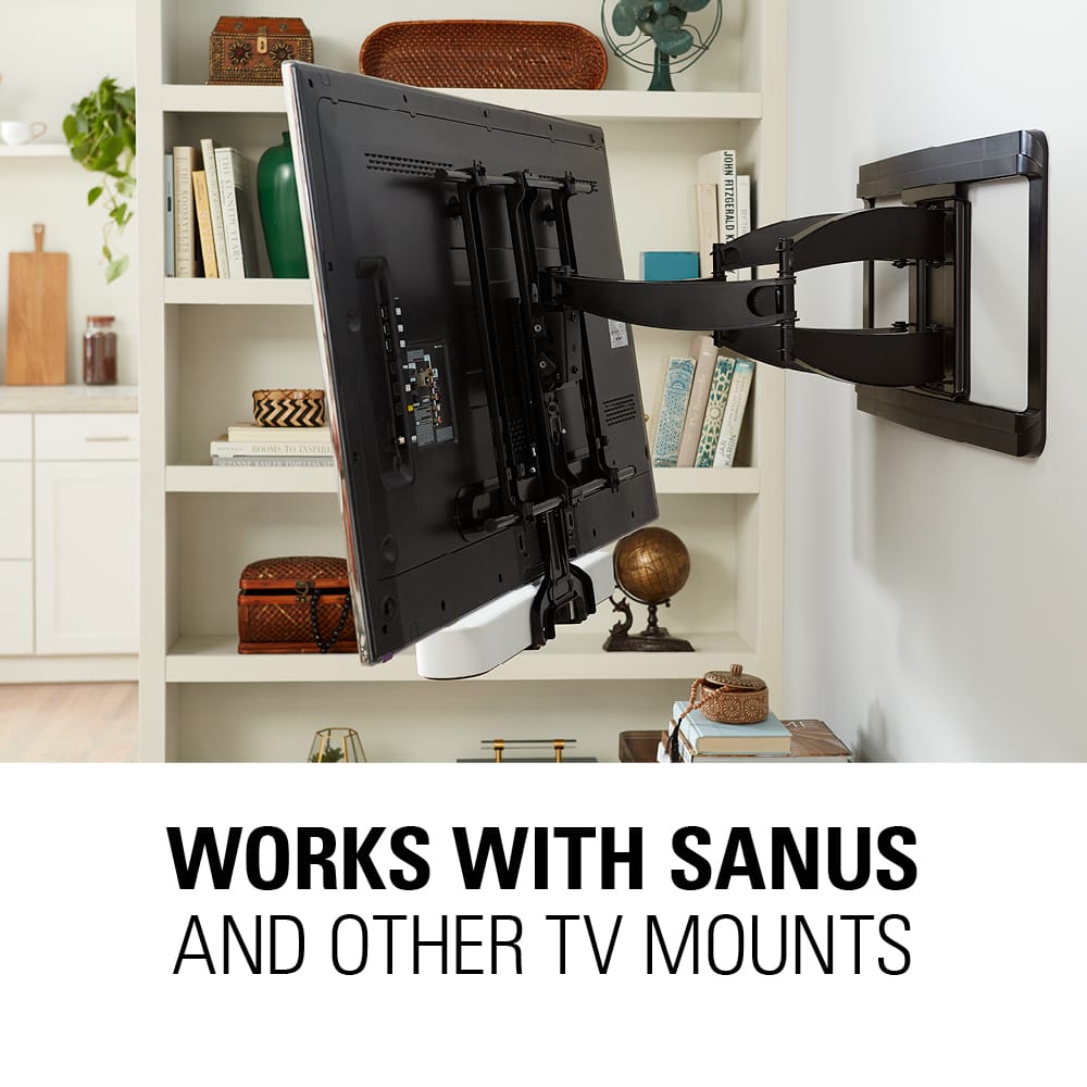 The text on the image reads: "Works with Sanus and other TV mounts."