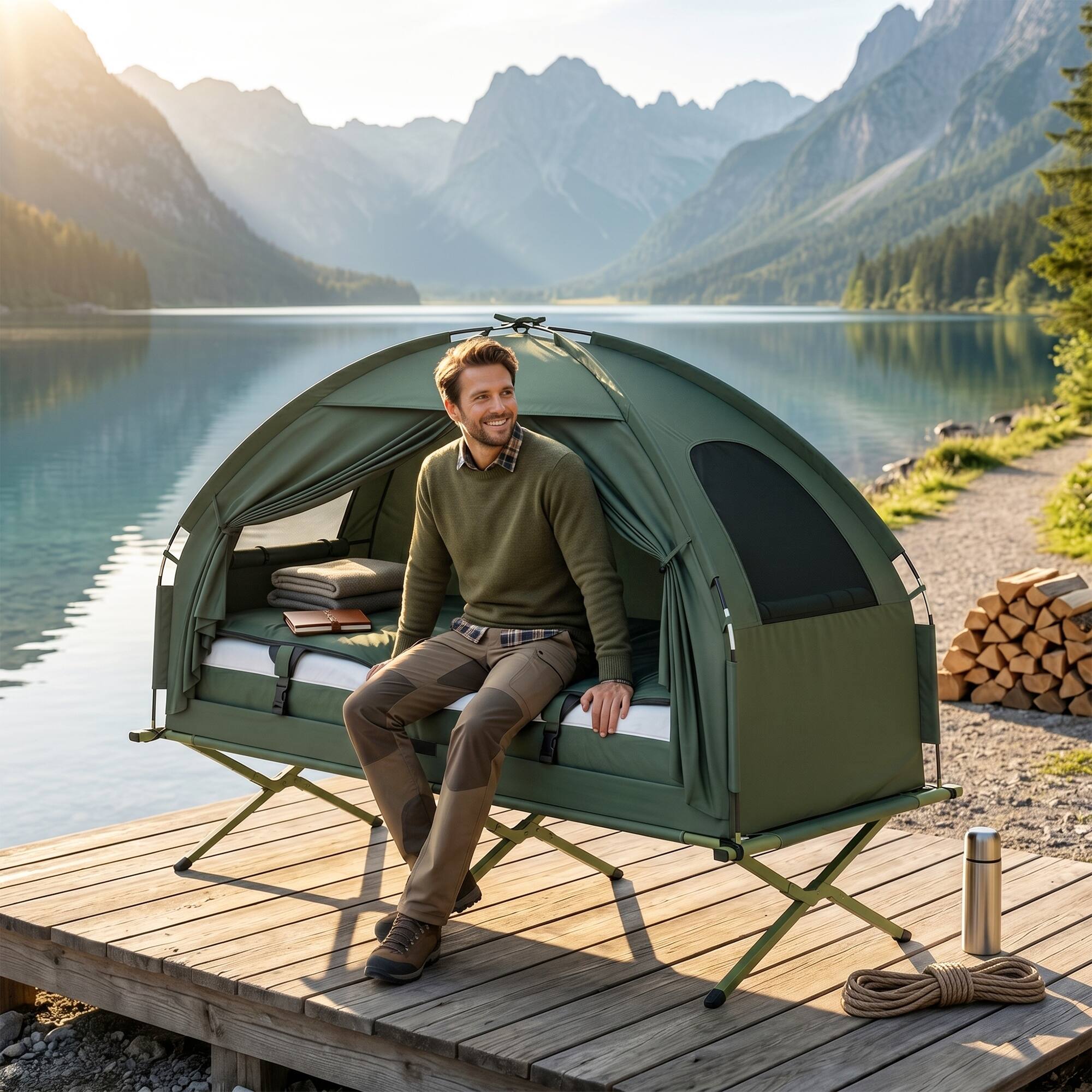 Alt View 1. Outsunny - Multifunctional Folding Camping Cots for Adults, Elevated Tent with Sleeping Bag, Thick Air Mattress Pad - Green.