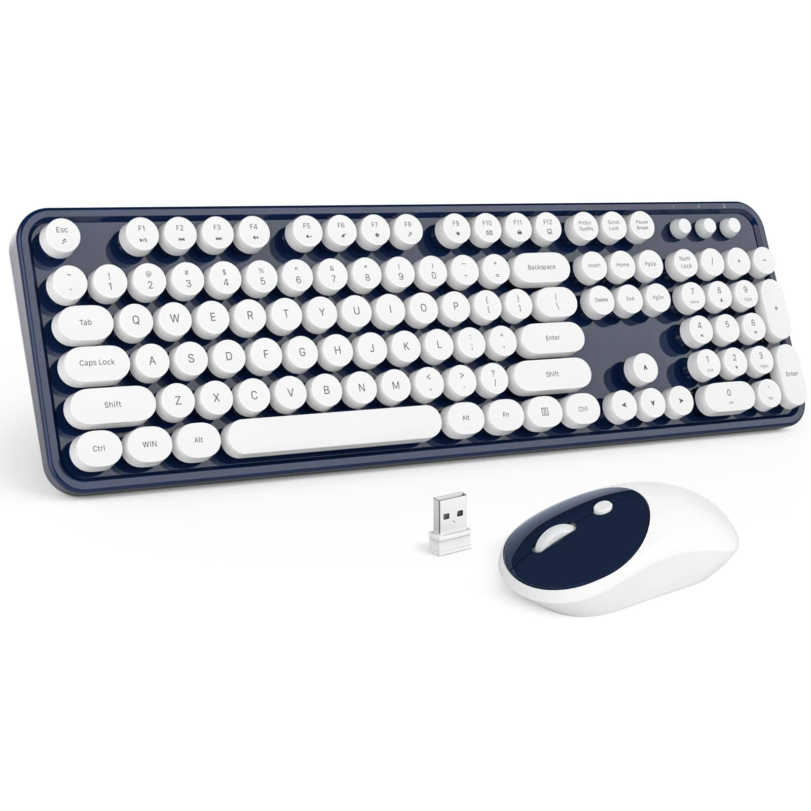 Cozy Serene - Wireless And Mouse Combo Blue Colorful Round Key Typewriter Keyboards hz Full Size Computer Mice Usb Receiver Plug Play - Dark Blue