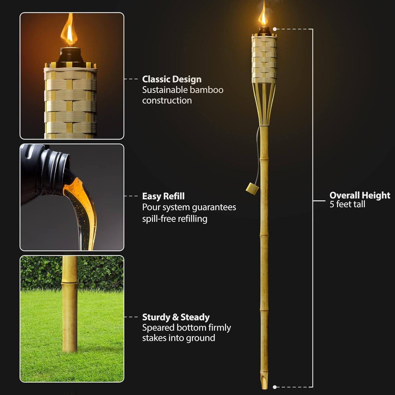 Classic Design  
Sustainable bamboo construction  

Easy Refill  
Pour system guarantees spill-free refilling  

Overall Height  
5 feet tall  

Sturdy & Steady  
Speared bottom firmly stakes into ground