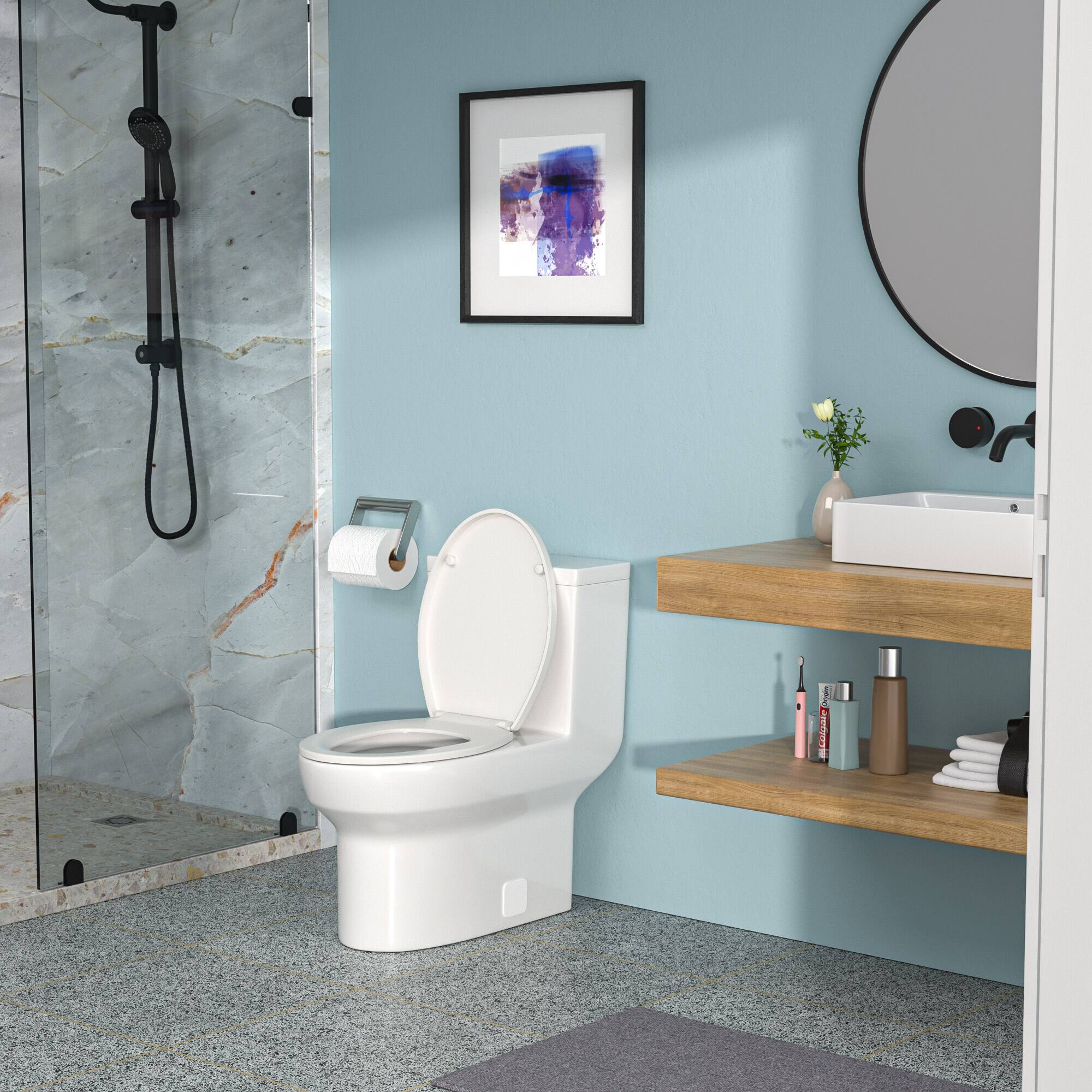 Back. TinyHomie - Ceramic One Piece Toilet Dual Flush with Soft Closing Seat - White.