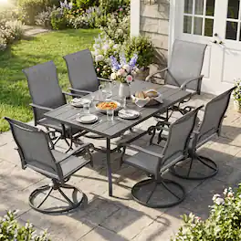 Nuu Garden - 7-Piece Outdoor Dining Set with Umbrella Hole, Textilene Swivel Chairs - Gray