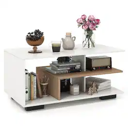 Costway - Geometric Coffee Table w/ Storage Shelves 3-Tier Rectangular Tea Table - Natural and White