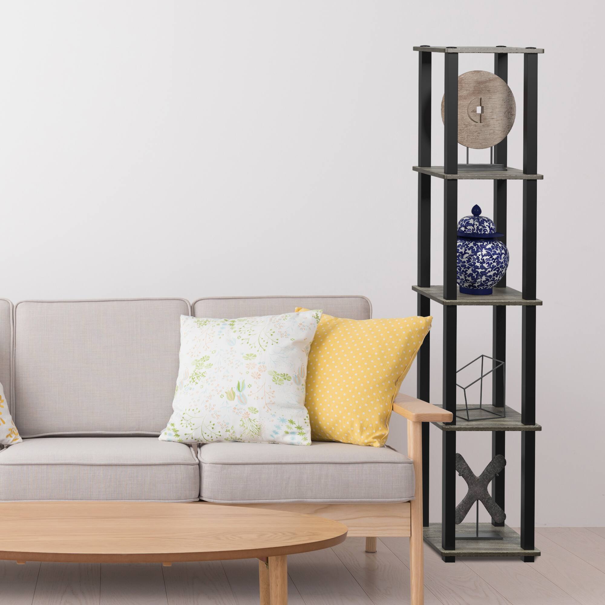Alt View 5. Furinno - Turn-S-Tube 5-Tier Corner Square Rack Display Shelf with Square Tube, French Oak/Black - French Oak/Black.