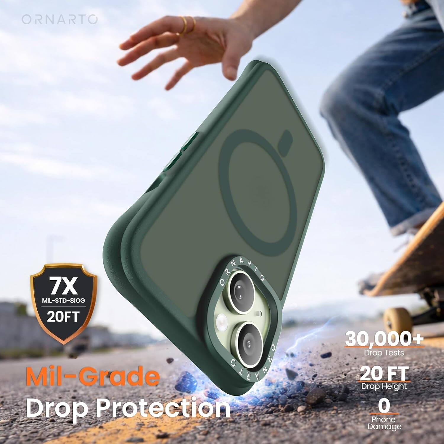 ORNARTO  
7X MIL-STD-810G 20FT Mil-Grade V Drop Protection  
30,000+ Drop Tests  
20 FT Drop Height  
0 Phone Damage