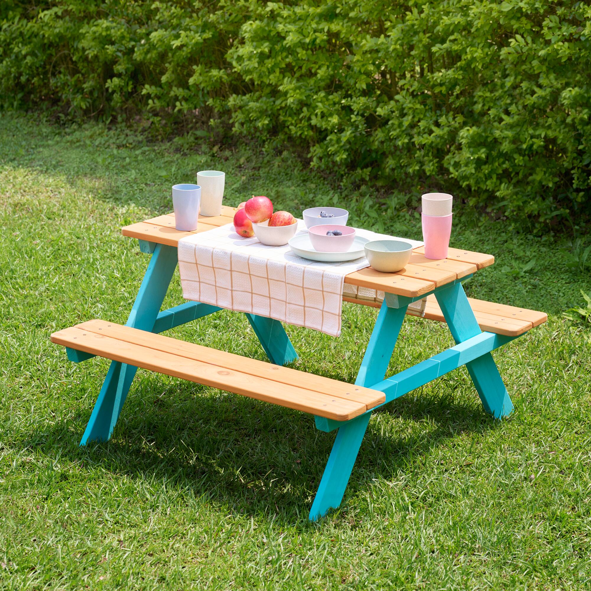 Front. Teamson Kids - Teamson Kids - Outdoor Picnic Table & Chair Set - Wood / Aqua - Tan.