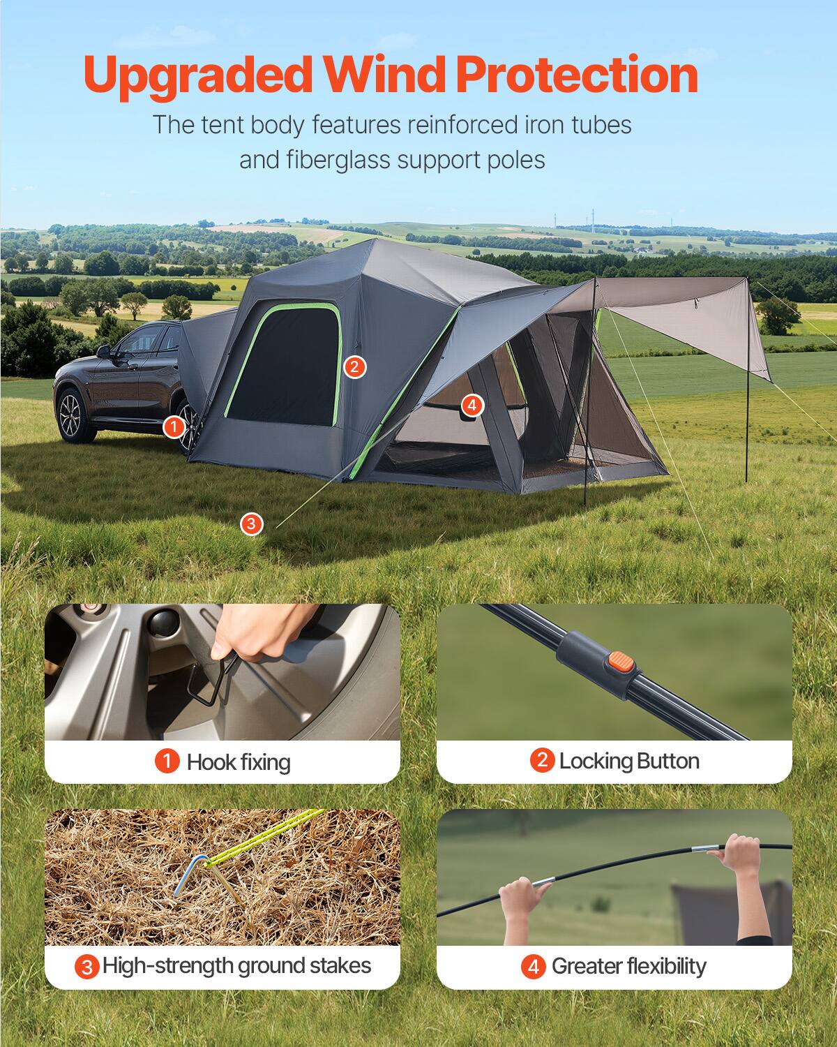 Upgraded Wind Protection
The tent body features reinforced iron tubes and fiberglass support poles
1 Hook fixing
2 Locking Button
3 High-strength ground stakes
4 Greater flexibility