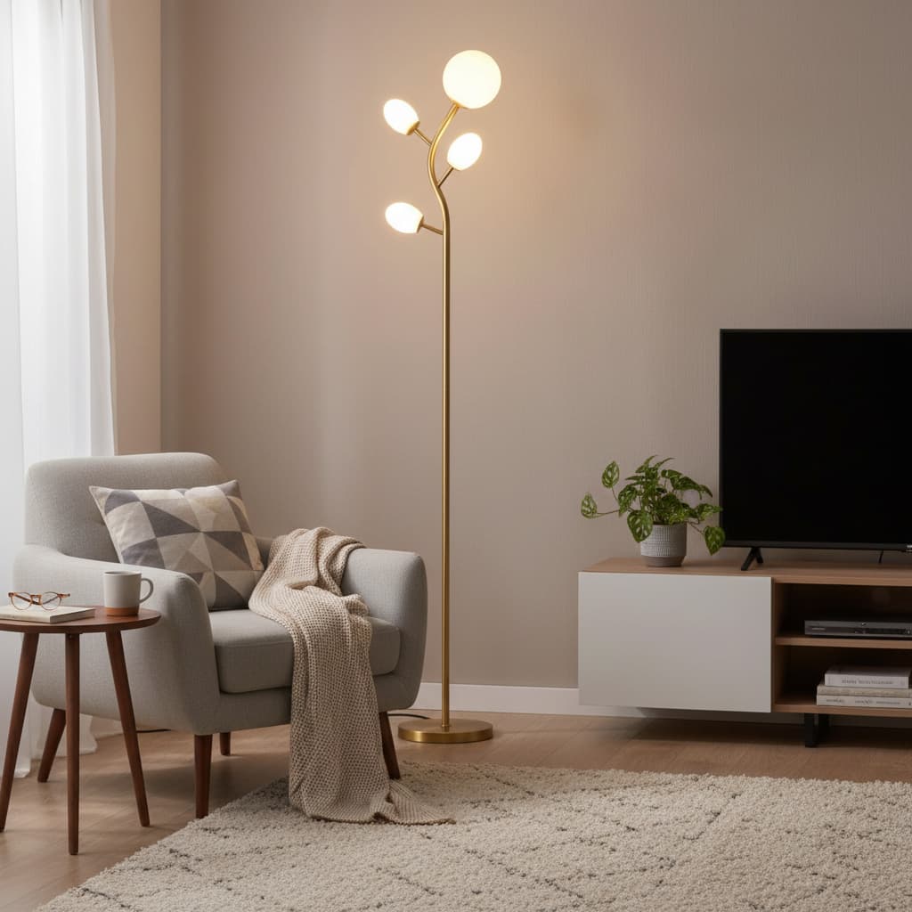 Alt View 4. FINEAK - 4 Globe Floor Lamp with 2700K Warm Light LED Bulbs： Antique Brass Arc Torch Standing Lamp - Gold.
