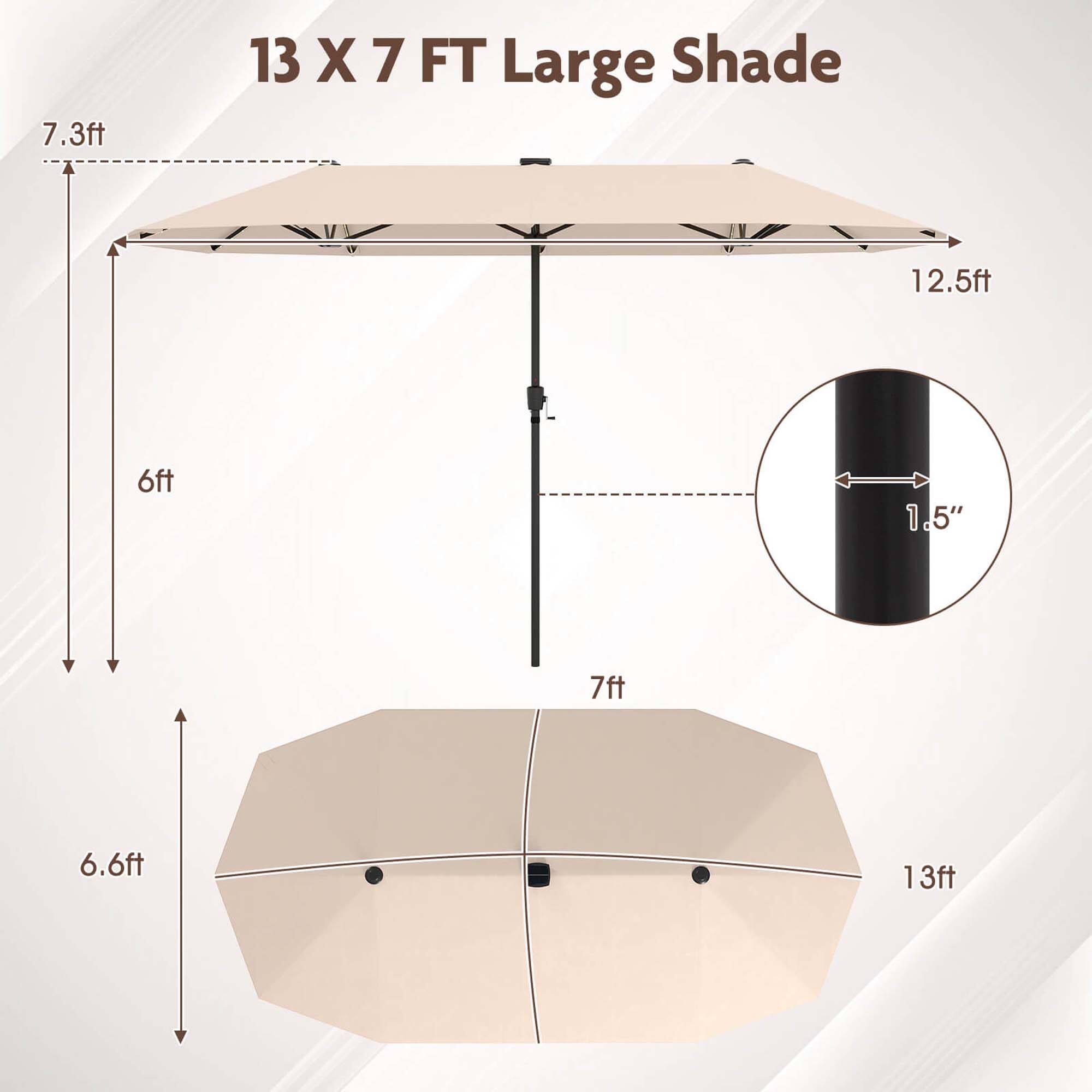 13 X 7 FT Large Shade: 12.5ft 6ft 1.5" 7ft 6.6ft 13ft