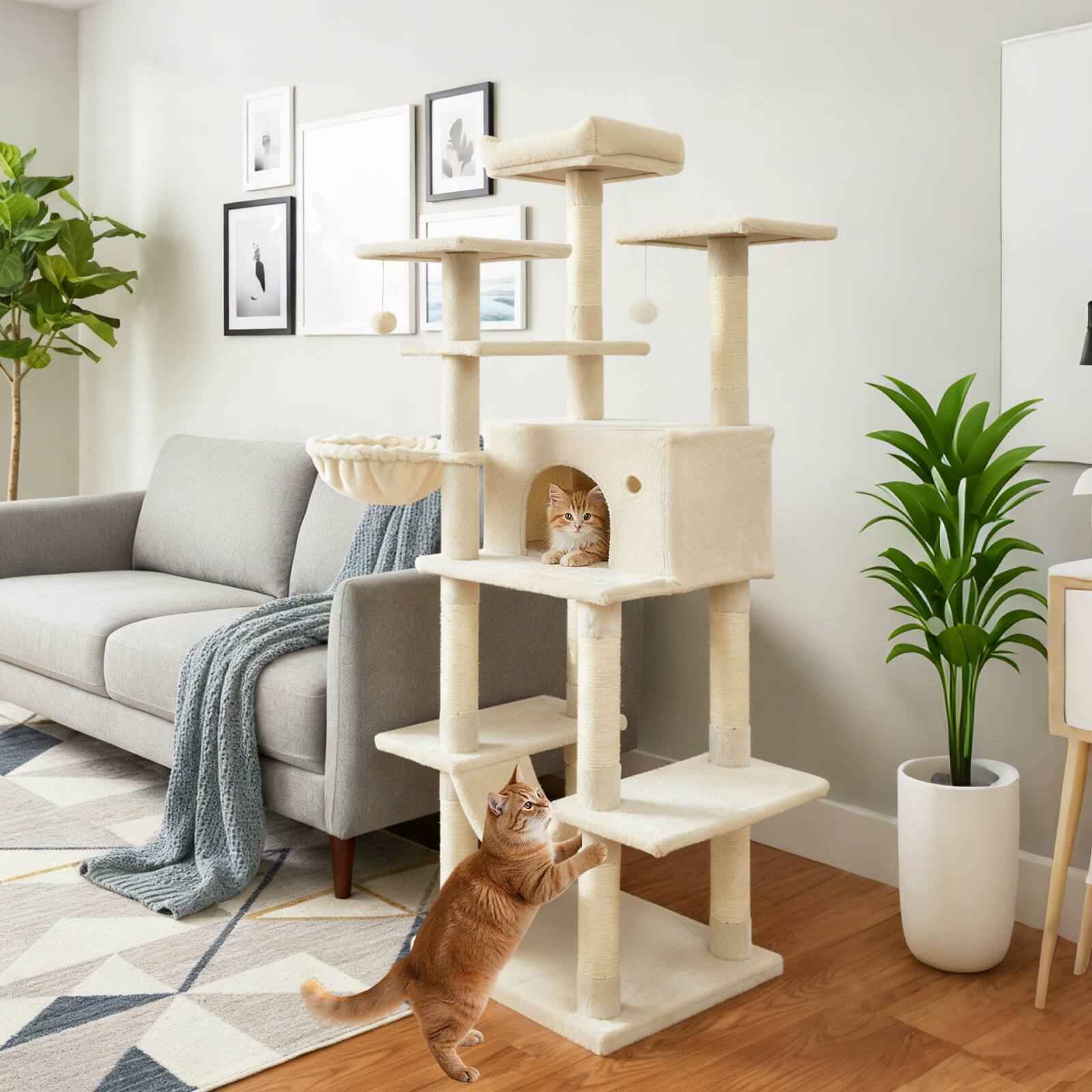 Alt View 4. Gymax - Gymax 63'' Large Cat Tree for Indoor Cats w/Plush Top Perch Condo Hammock Basket Bed Beige.