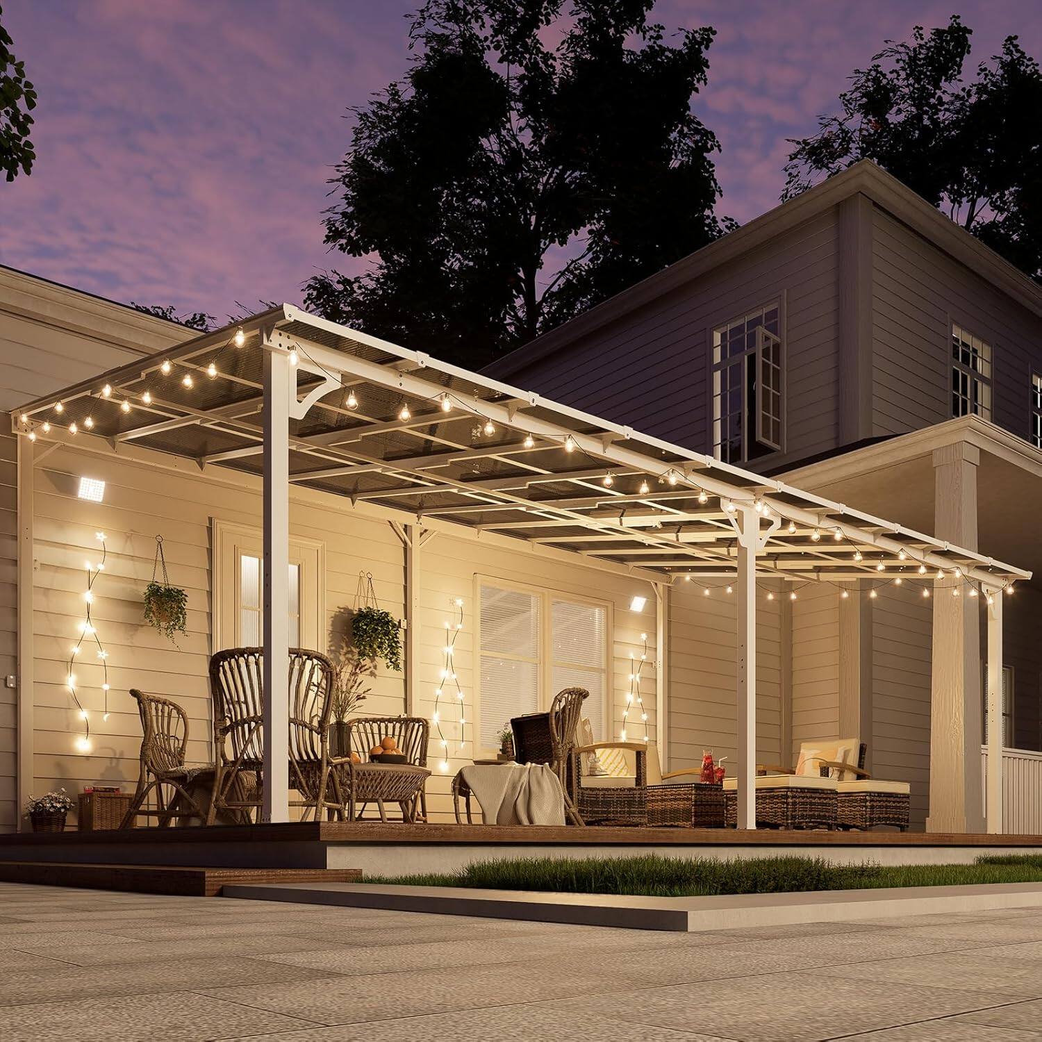 Angle. Yardgrace - 12'x 20' Outdoor Wall Mounted Lean-to Gazebo, Heavy Duty Sloped Roof Metal Awning for Patio, Decks & Backyard - White.