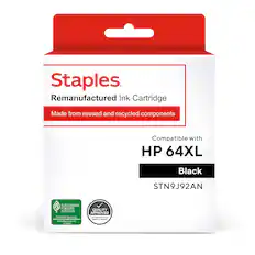 Staples Remanufactured Ink Cartridge Made from reused and recycled components Compatible with HP 64XL Black STN9J92AN SUSTAINABLE FORESTRY QUALITY INITIATIVE APPROVED Certified Sourcing