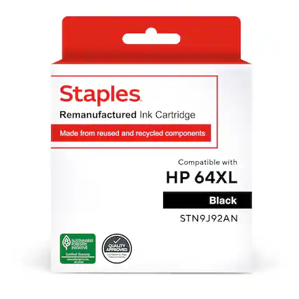 Staples Remanufactured Ink Cartridge Made from reused and recycled components Compatible with HP 64XL Black STN9J92AN SUSTAINABLE FORESTRY QUALITY INITIATIVE APPROVED Certified Sourcing