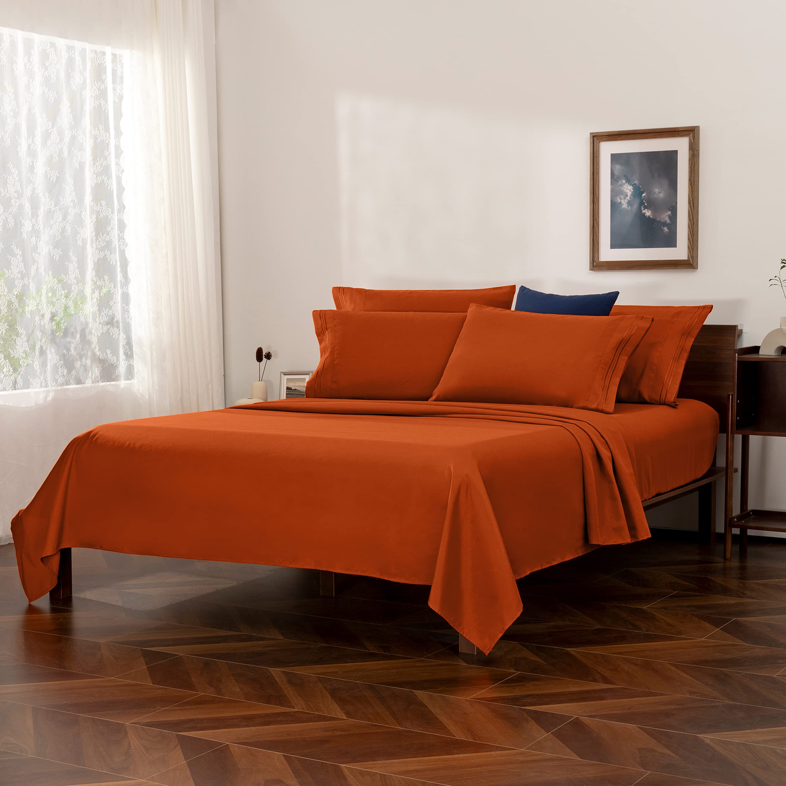 Alt View 5. Stylel Star - Burnt Orange King Size Sheet Set - 6 Piece Luxury 1800 Thread Count Bedding Sheets & Pillowcases 16 Inch Deep... - Green-Twin.