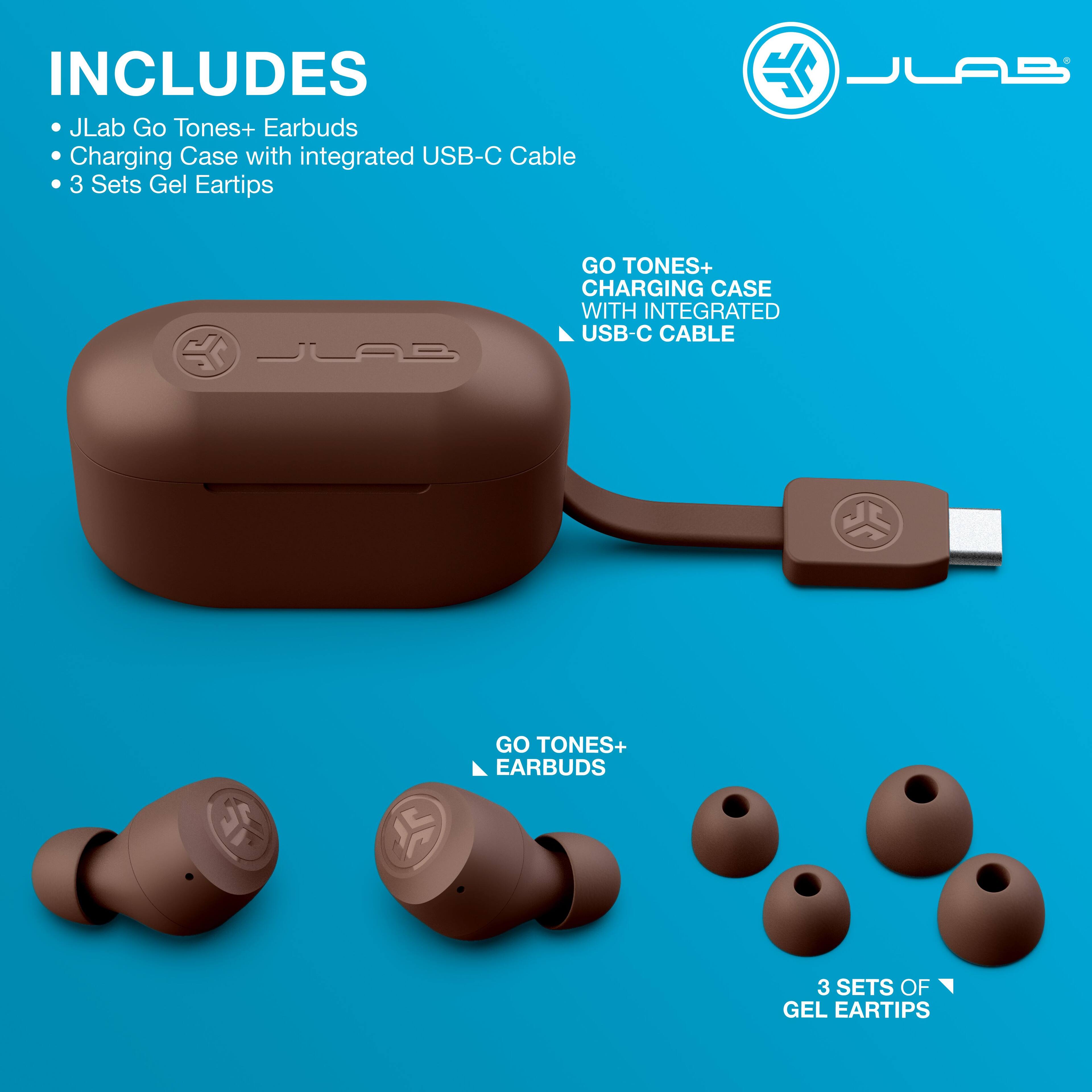 INCLUDES  
- JLab Go Tones+ Earbuds  
- Charging Case with integrated USB-C Cable  
- 3 Sets Gel Eartips  

GO TONES+ CHARGING CASE WITH INTEGRATED USB-C CABLE  
GO TONES+ EARBUDS  
3 SETS OF GEL EARTIPS