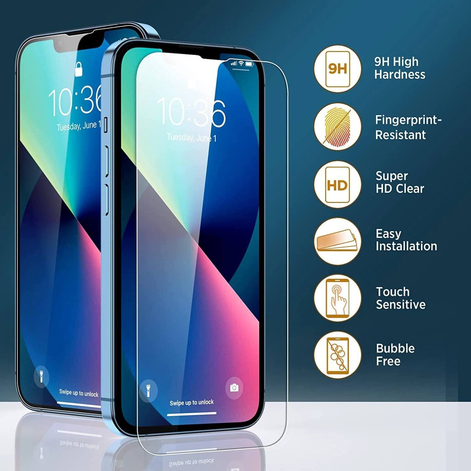 10:36 Tuesday, June 1  
9H High Hardness  
Fingerprint-Resistant  
Super HD Clear  
Easy Installation  
Touch Sensitive  
Bubble Free  

Swipe up to unlock