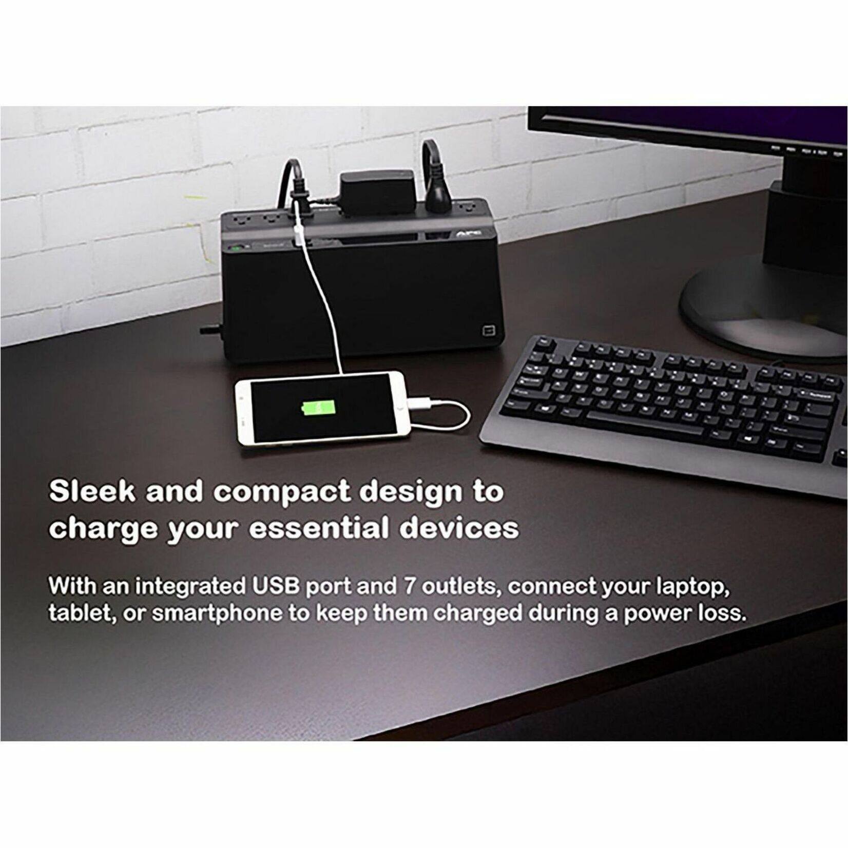 Sleek and compact design to charge your essential devices

With an integrated USB port and 7 outlets, connect your laptop, tablet, or smartphone to keep them charged during a power loss.