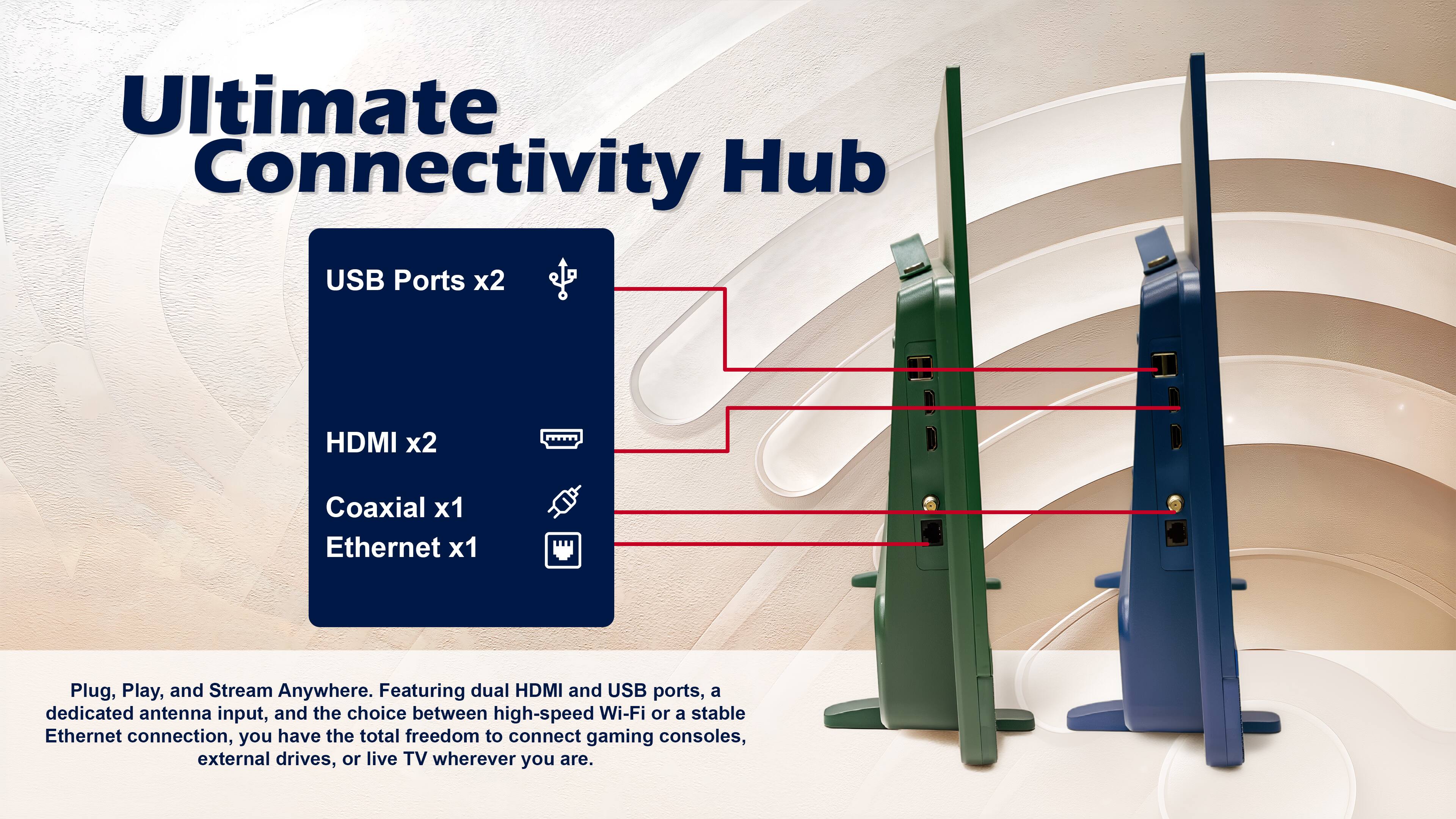 Ultimate Connectivity Hub

USB Ports x2  
HDMI x2  
Coaxial x1  
Ethernet x1  

Plug, Play, and Stream Anywhere. Featuring dual HDMI and USB ports, a dedicated antenna input, and the choice between high-speed Wi-Fi or a stable Ethernet connection, you have the total freedom to connect gaming consoles, external drives, or live TV wherever you are.