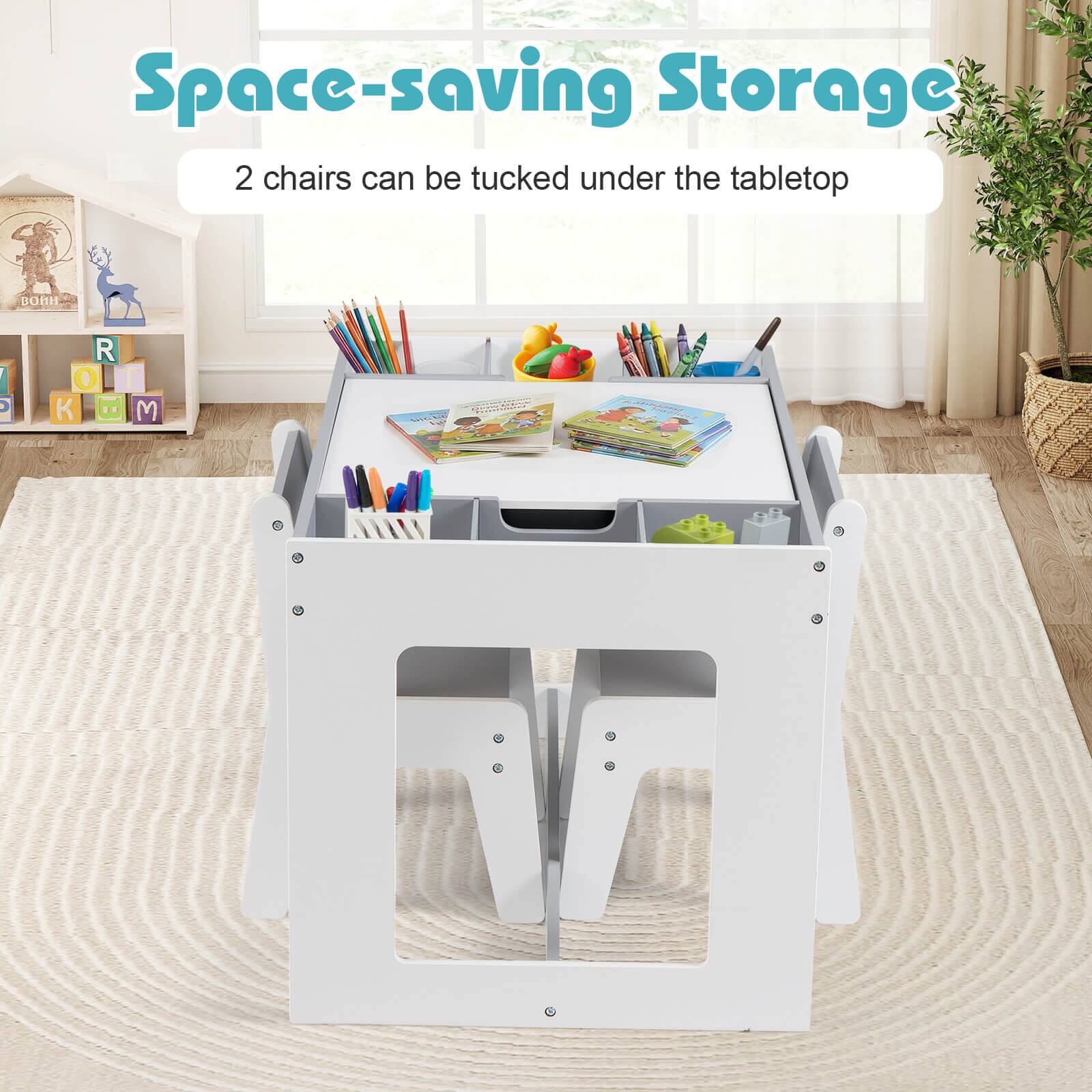 Space-saving Storage  
2 chairs can be tucked under the tabletop