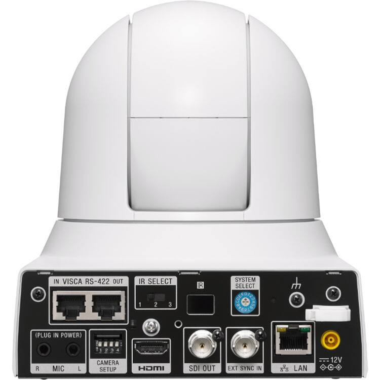 IN VISCA RS-422 OUT  
IR SELECT  
SYSTEM SELECT  
1  
2  
3  
(PLUG IN POWER)  
1234  
R  
MIC  
L  
CAMERA SETUP  
HDMI  
SDI OUT  
EXT SYNC IN  
LAN  
--- 12V