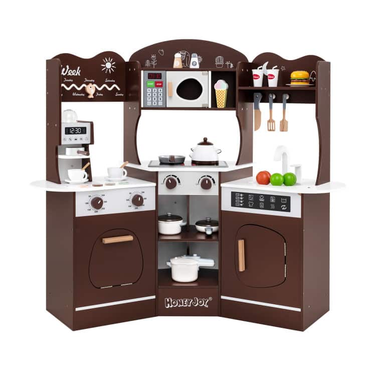 SlickBlue - Wooden Corner Play Kitchen with Built-In Coffee Maker and Slide for Kids - Brown