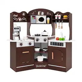 SlickBlue - Wooden Corner Play Kitchen with Built-In Coffee Maker and Slide for Kids - Brown