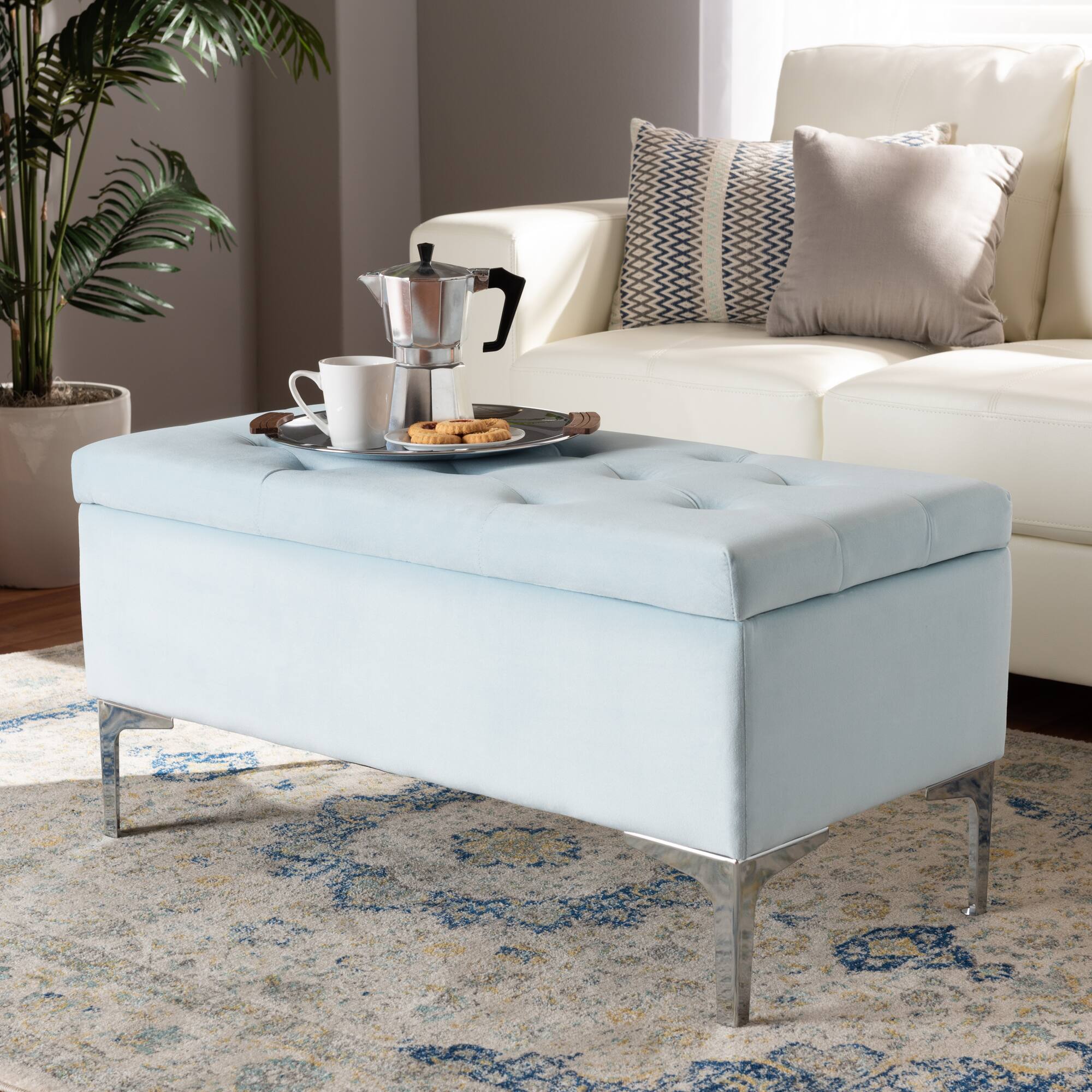 Alt View 4. Baxton Studio - Mabel Modern and Contemporary Transitional Velvet Fabric Upholstered Silver Finished Storage Ottoman - Light Blue/Silver.