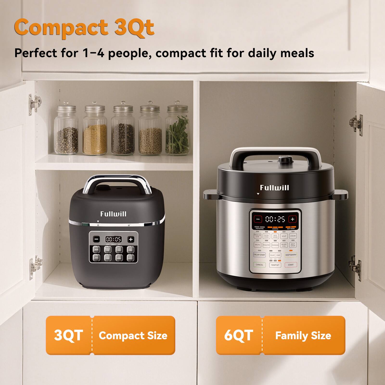Compact 3Qt  
Perfect for 1-4 people, compact fit for daily meals  

Fullwill  

3QT Compact Size  
6QT Family Size
