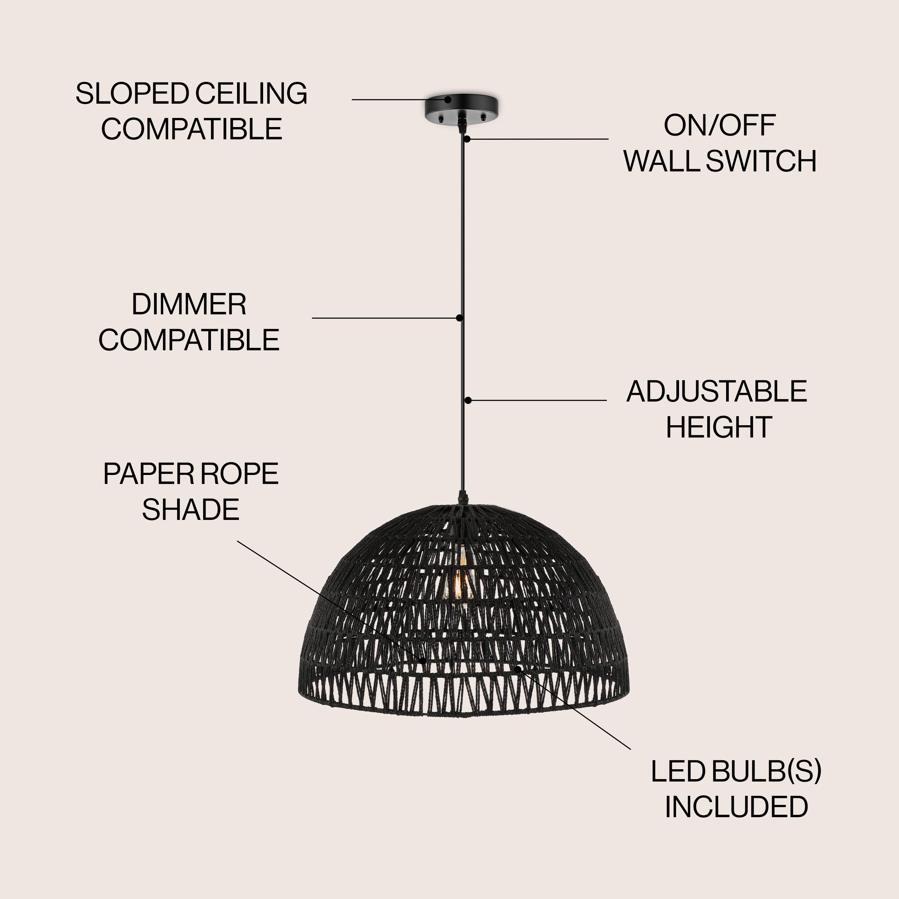SLOPED CEILING COMPATIBLE  
ON/OFF WALL SWITCH  
DIMMER COMPATIBLE  
PAPER ROPE SHADE  
ADJUSTABLE HEIGHT  
LED BULB(S) INCLUDED