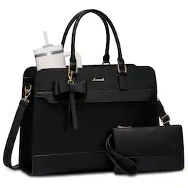LOVEVOOK - Laptop Leather Tote Work Bag for Women, Waterproof Business Teacher Bag, Large Computer Handbag Purse Briefcase - Black