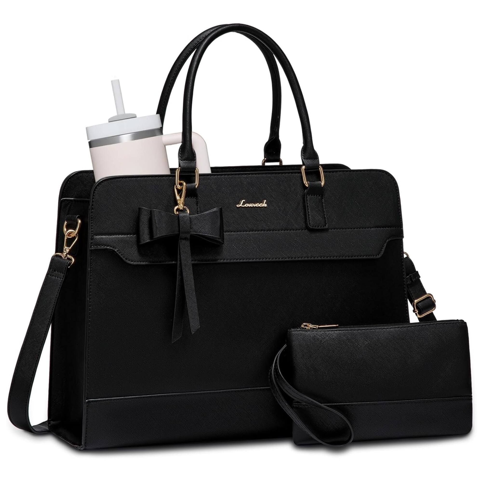 Front. LOVEVOOK - LOVEVOOK Laptop Leather Tote Work Bag for Women, Waterproof Business Teacher Bag, Large Computer Handbag Purse Briefcase - Black.