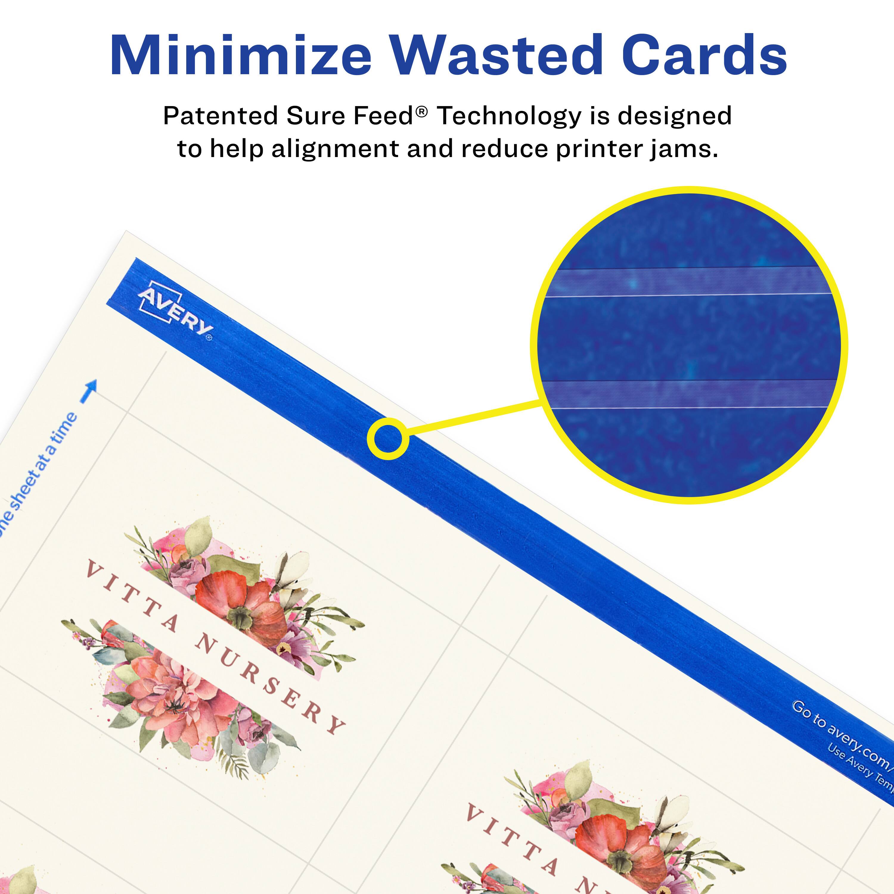 Minimize Wasted Cards

Patented Sure Feed® Technology is designed to help alignment and reduce printer jams.

AVERY

VITTA NURSERY

Go to avery.com/ Use Avery Templates
