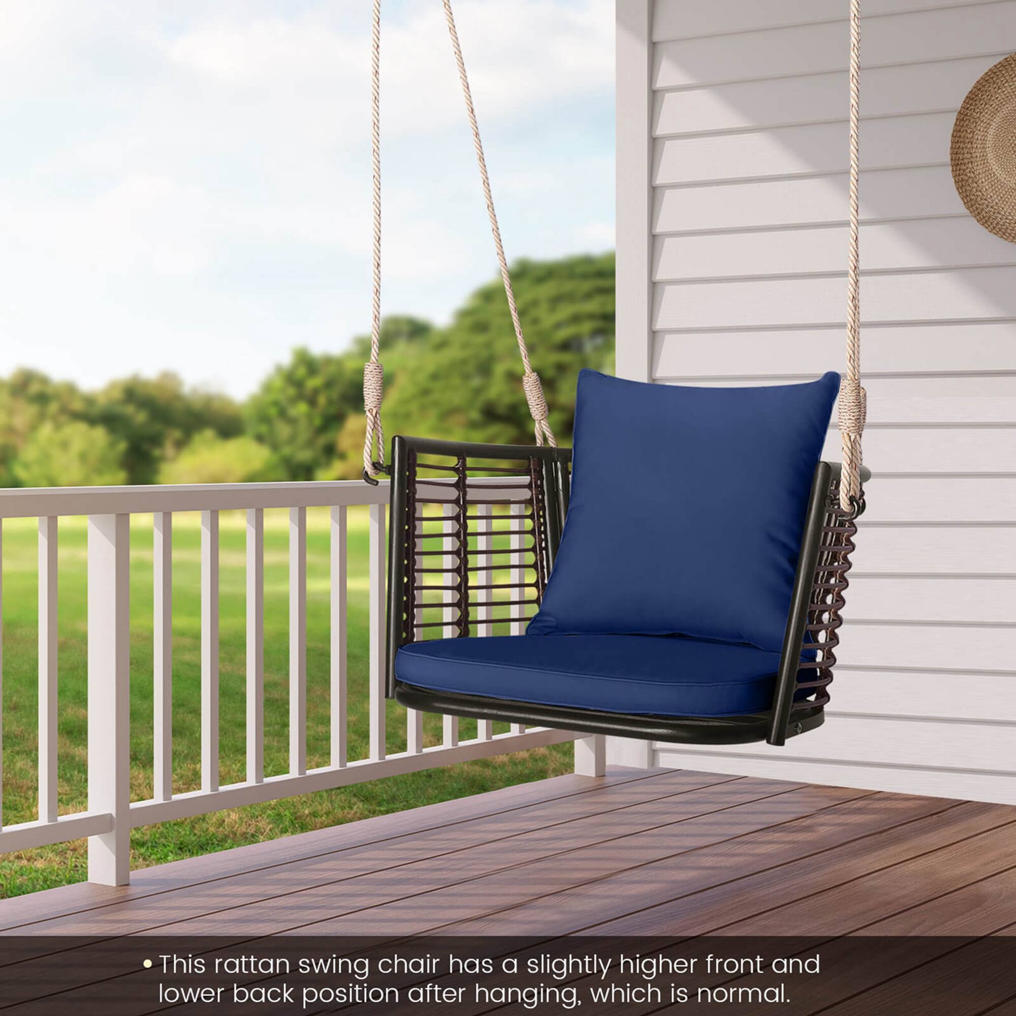 This rattan swing chair has a slightly higher front and lower back position after hanging, which is normal.