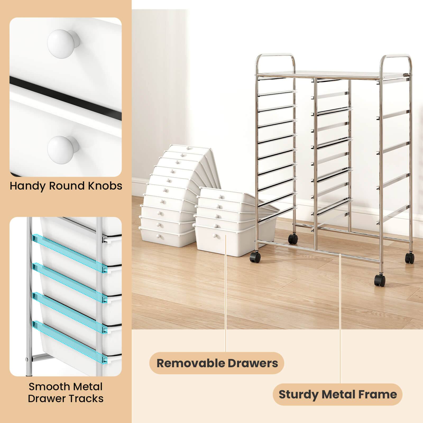 Handy Round Knobs  
Smooth Metal Drawer Tracks  
Removable Drawers  
Sturdy Metal Frame