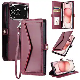 Dteck - Foilo Wallet Case for Apple iPhone 17 Pro,Shockproof Card Holder PU Leather Magnetic Snap Phone Cover with Lanyard - Winered