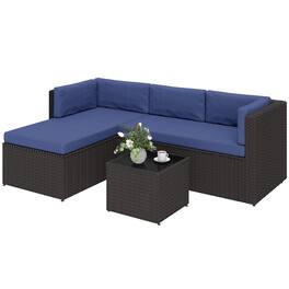Outsunny - Piece Patio Furniture Set, Wicker Outdoor Patio Conversation Furniture Set with Cushions, Glass Top Table - Navy Blue