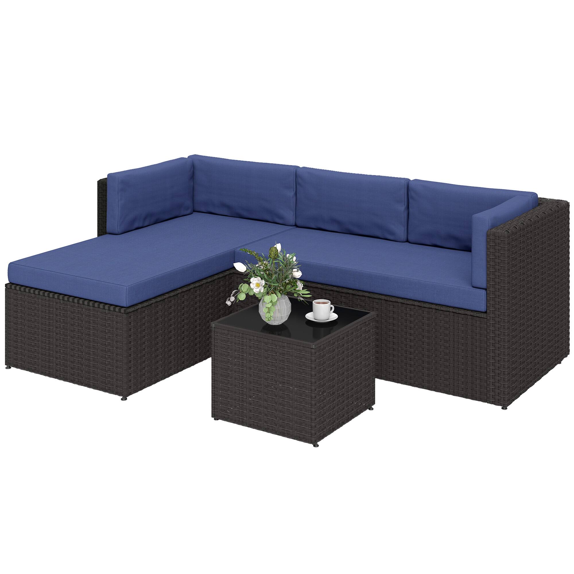 Front. Outsunny - Piece Patio Furniture Set, Wicker Outdoor Patio Conversation Furniture Set with Cushions, Glass Top Table - Navy Blue.