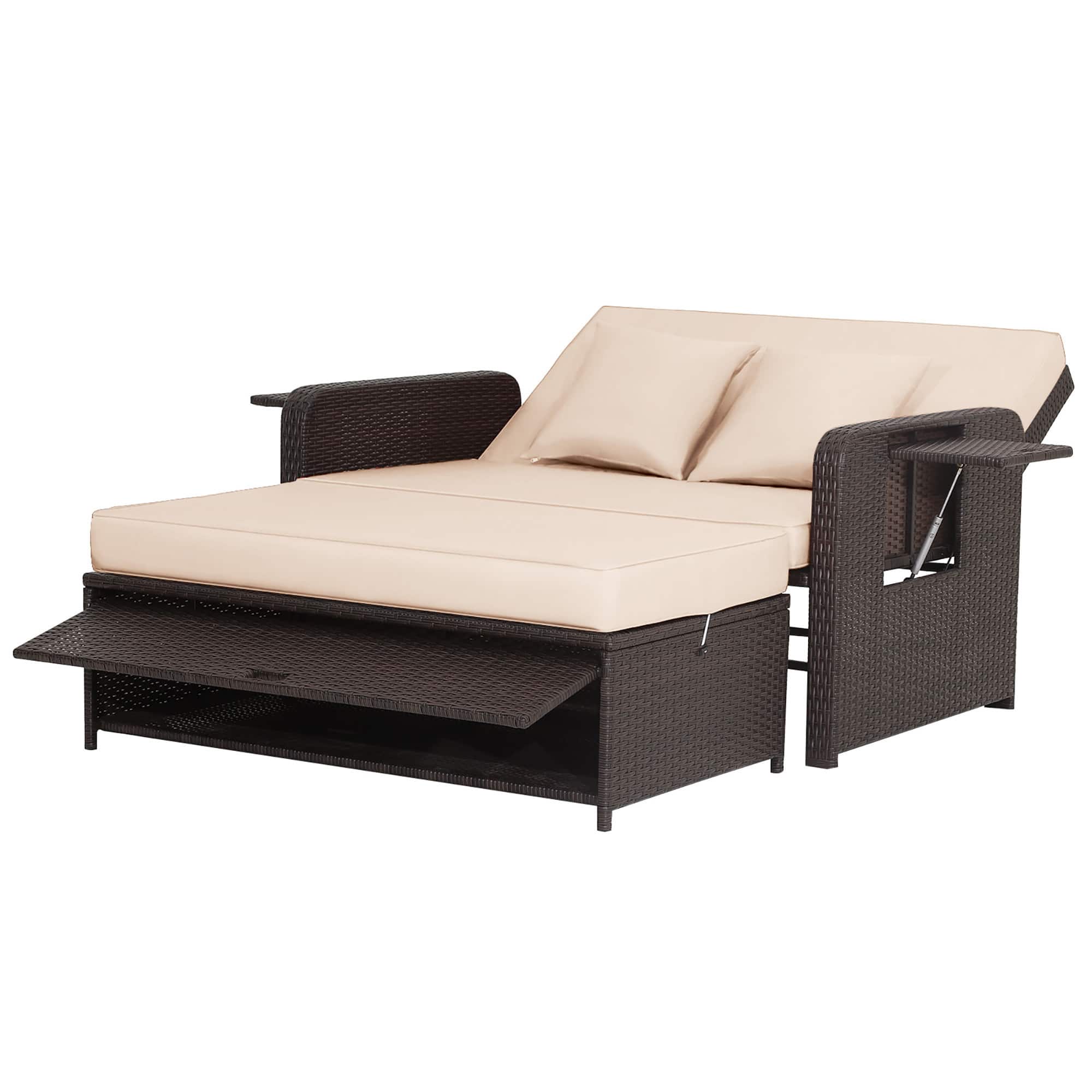 Gymax - Rattan Daybed Lounge w/ Retractable Top Canopy Side Tables Cushions Off Patio - Beige price history on PriceWatchPro