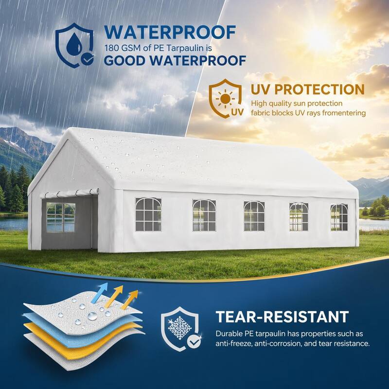 WATERPROOF  
180 GSM of PE Tarpaulin is GOOD WATERPROOF

UV PROTECTION  
High quality sun protection UV fabric blocks UV rays from entering

TEAR-RESISTANT  
Durable PE tarpaulin has properties such as anti-freeze, anti-corrosion, and tear resistance.