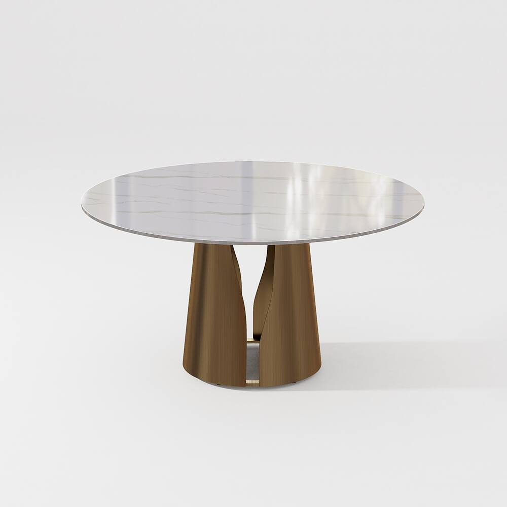 Alt View 3. POVISON - 59" Modern Glossy White Sintered Stone Round Dining Table for 6 with Bronze Steel Base - Glossy White Sintered Stone & Bronze Steel Base.