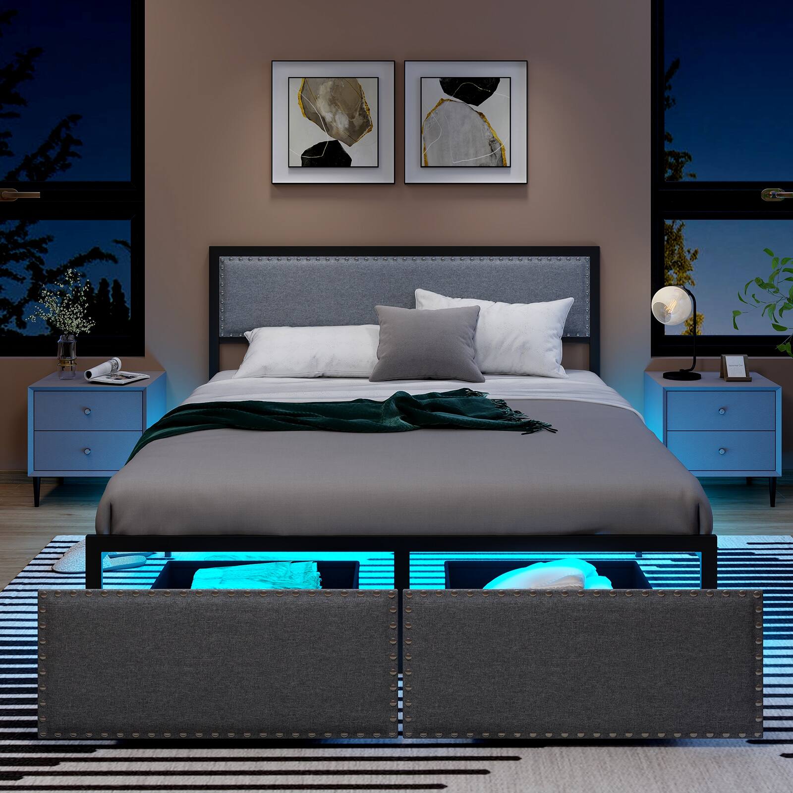 Angle. LUCKY ONE - Queen Assembled Platform Bed Frame with LED Lights Rolling Drawer Metal Slats - Grey-Queen.