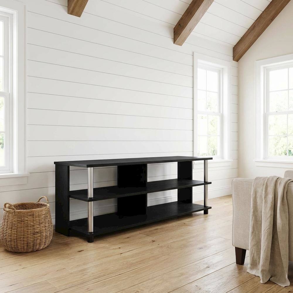 Alt View 1. FurniFact - Engineered Wood TV stand in Americano finish with stainless steel tubes - Black.