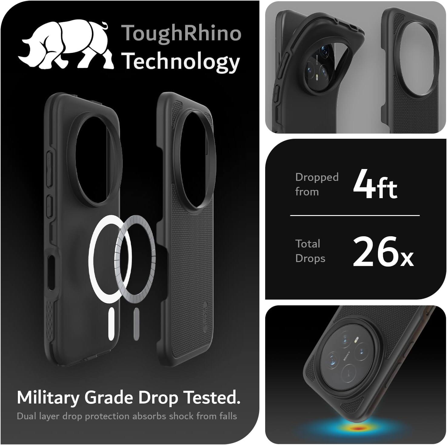 ToughRhino Technology

Dropped from 4ft
Total Drops 26x

Military Grade Drop Tested.
Dual layer drop protection absorbs shock from falls