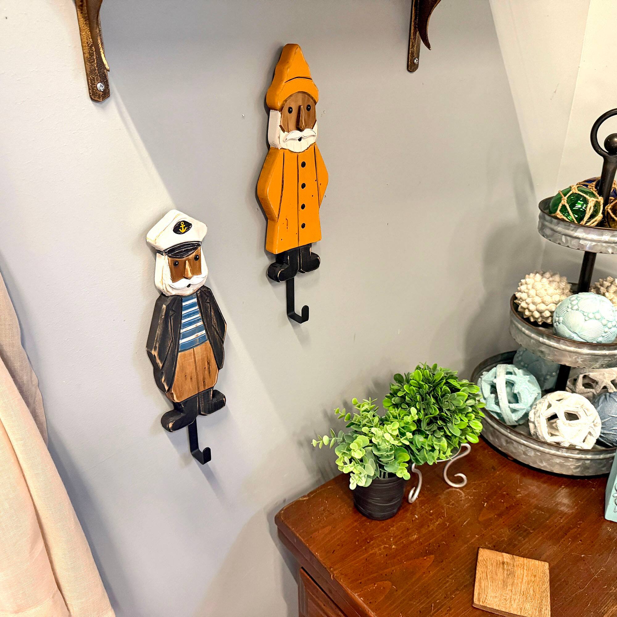 Alt View 3. Things2Die4 - Set of 2 Nautical Sailor Captain Fisherman Wall Hooks, Wood & Metal 14.75 In - Multicolored.