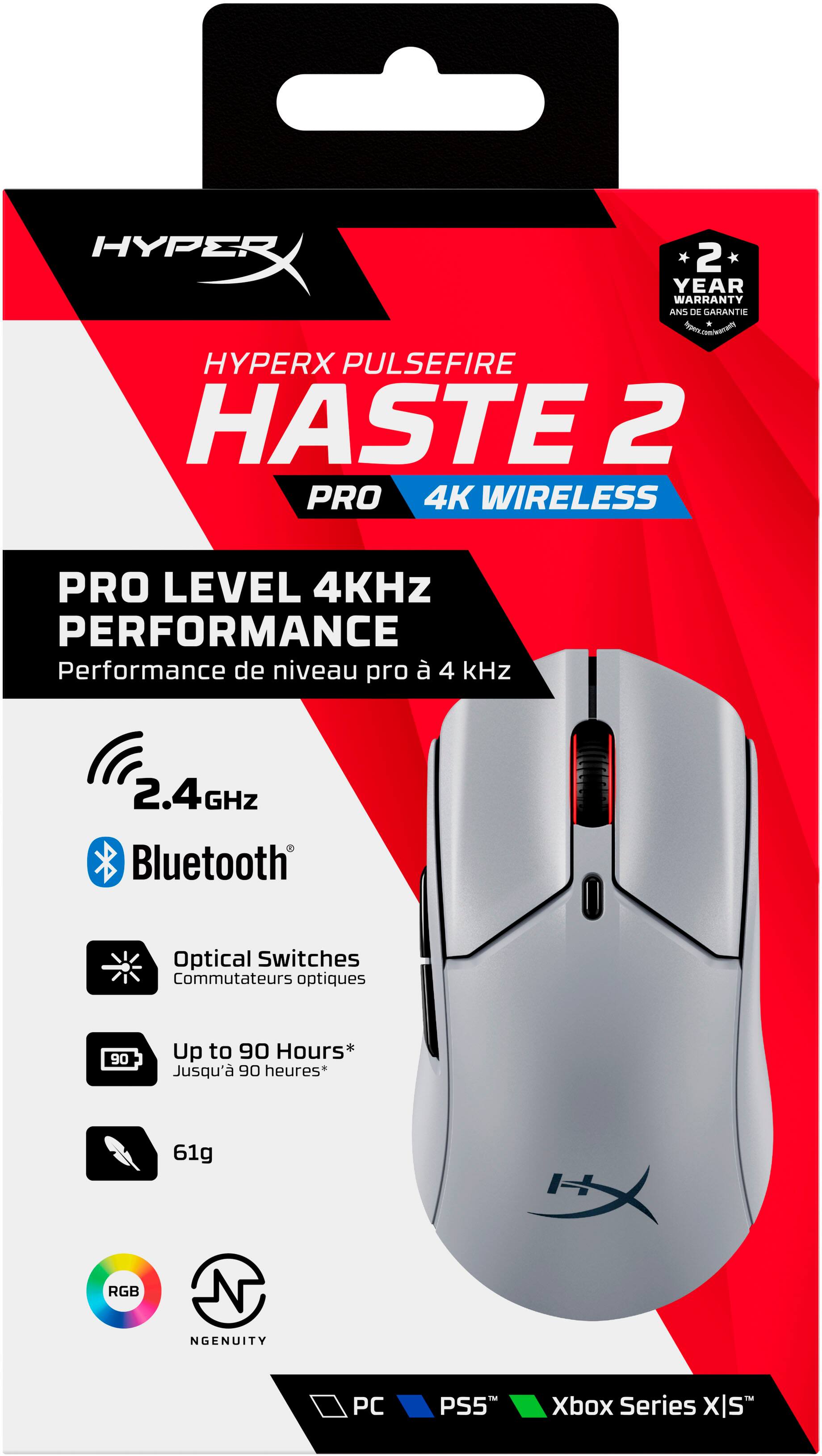 HyperX Haste 2 Pro 4K Wireless Pro Level 4KHz Performance 2.4GHz Bluetooth Optical Switches 90 Hours Up to 90 Hours 61g RGB NGENUITY PC PS5 Xbox Series X