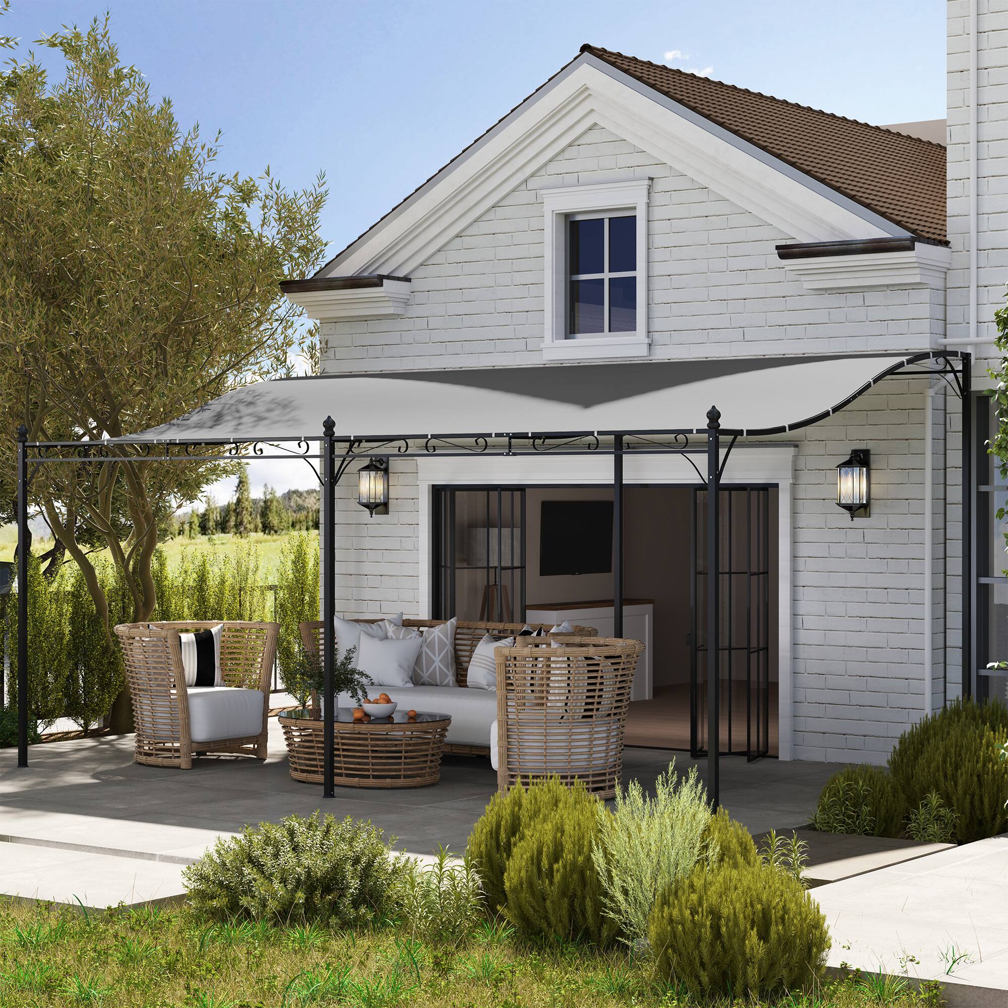 Angle. Outsunny - 10' x 16' Outdoor Pergola Canopy, Wall-Mounted Metal Patio Canopy with Weather-Resistant Fabric - Dark Gray.